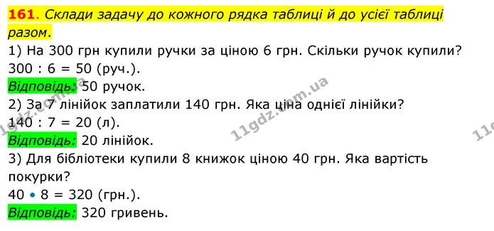 161. Склади задачу до кожного рядка таблиці й до усієї таблиці разом. — ГДЗ Математика 3 клас Бевз 2 частина