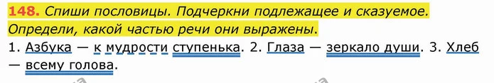 148. Спиши пословицы. Подчеркни подлежащее и сказуемое. Определи, какой частью речи они выражены. — ГДЗ Русский язык и чтение 4 класс Лапшина 1 ч.