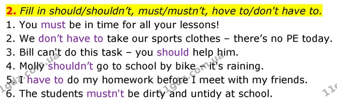 2. Fill in should/shouldn’t, must/mustn’t, hove to/don't have to. — ГДЗ Англійська мова 6 клас Карпюк 2023