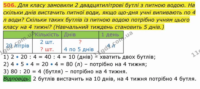 506. Для класу замовили 2 двадцятилітрові бутлі з питною водою. На скільки днів вистачить питної води, якщо що-дня учні випивають по 4 — ГДЗ Математика 4 клас Оляницька