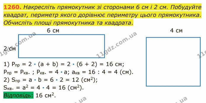 1260. Накресліть прямокутник зі сторонами 6 см і 2 см. Побудуйте квадрат, периметр якого дорівнює периметру цього прямокутника — ГДЗ Математика 5 клас Мерзляк