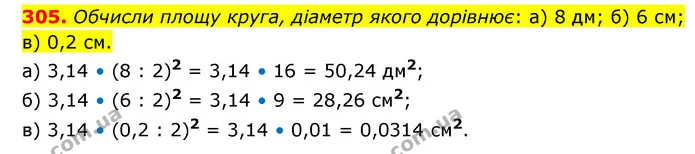 305. Обчисли площу круга, діаметр якого дорівнює: а) 8 дм; б) 6 см; в) 0,2 см. — ГДЗ Математика 6 клас Бевз 1-2 ч.