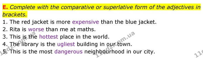 E. Complete with the comparative or superlative form of the adjectives in brackets. — ГДЗ Збірник тестів Англійська мова 5 клас Мітчелл (Test Booklet)