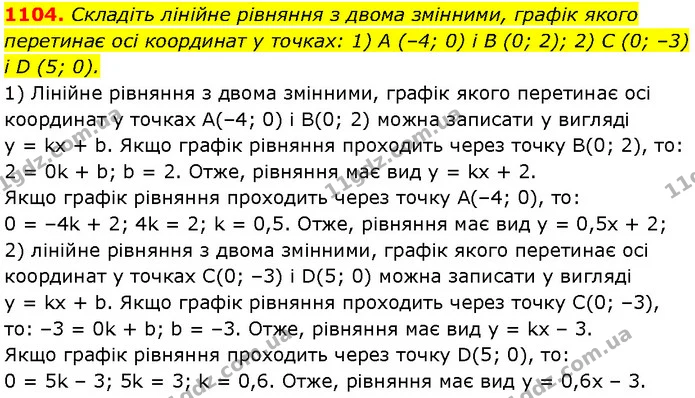 1104. Складіть лінійне рівняння з двома змінними, графік якого перетинає осі координат у точках: 1) A (–4; 0) і B (0; 2); 2) C (0; –3) — Алгебра 7 клас Мерзляк 2024
