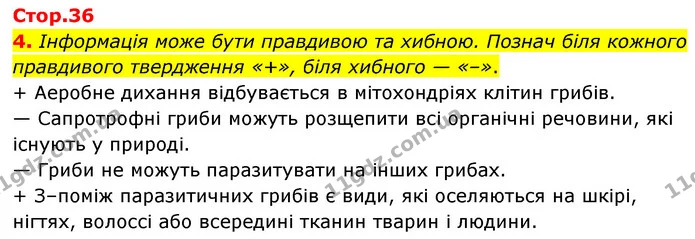 4. Інформація може бути правдивою та хибною. Познач біля кожного правдивого твердження «+», біля хибного — «–». — ГДЗ робочий зошит Біологія 7 клас Тагліна
