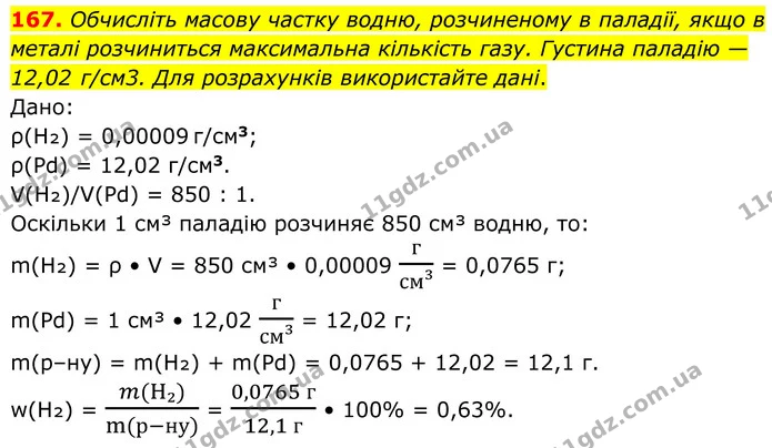 167. Обчисліть масову частку водню, розчиненому в паладії, якщо в металі розчиниться максимальна кількість газу. Густина паладію — — ГДЗ Хімія 8 клас Григорович