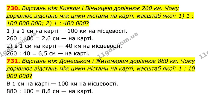 730. Відстань між Києвом і Вінницею дорівнює 260 км. Чому дорівнює відстань між цими містами на карті, масштаб якої: 1) 1 : 100 000 — ГДЗ Математика 6 клас Тарасенкова 2023 1-2 ч.