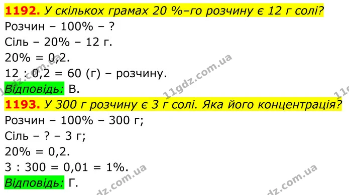 1192. У скількох грамах 20 %–го розчину є 12 г солі? — ГДЗ Алгебра 7 клас Бевз