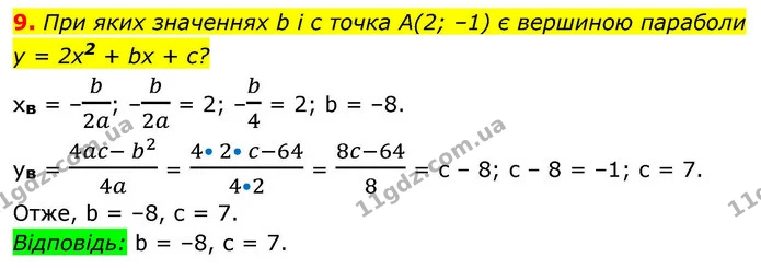 9. При яких значеннях b і c точка A(2; –1) є вершиною параболи — ГДЗ Алгебра 9 клас Істер