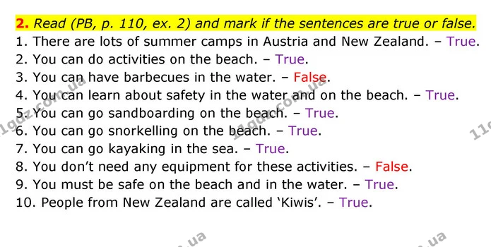 2. Read (PB, p. 110, ex. 2) and mark if the sentences are true or false. — ГДЗ Робочий зошит Англійська мова 5 клас Косован (Дж. Коста)