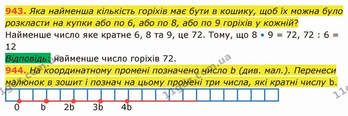 943. Яка найменша кількість горіхів має бути в кошику, щоб їх можна було розкласти на купки або по 6, або по 8, або по 9 горіхів у — ГДЗ Математика 5 клас Істер 2022