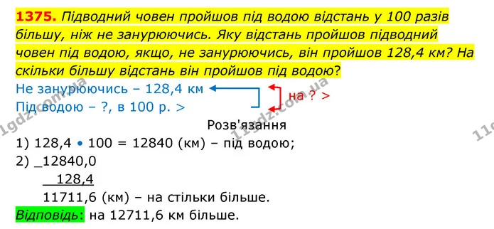 1375. Підводний човен пройшов під водою відстань у 100 разів більшу, ніж не занурюючись. Яку відстань пройшов підводний човен під — ГДЗ Математика 5 клас Бевз