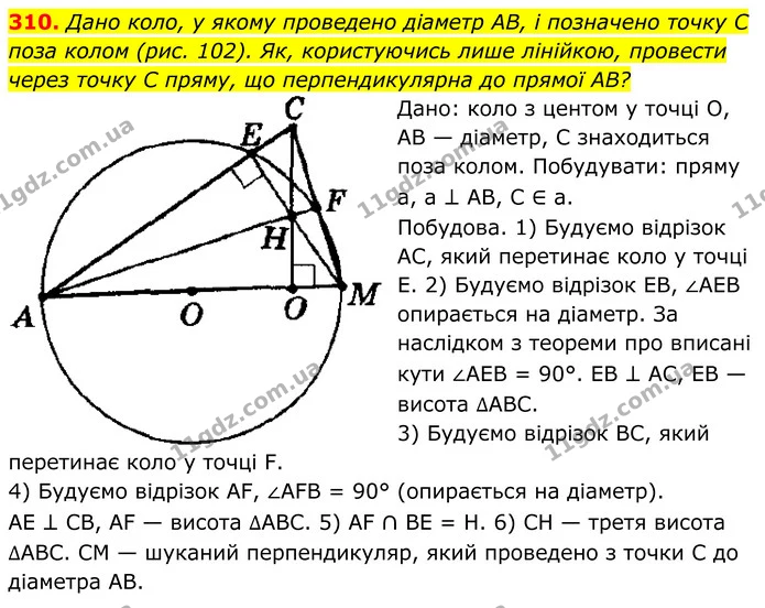 310. Дано коло, у якому проведено діаметр AB, і позначено точку C поза колом (рис. 102). Як, користуючись лише лінійкою, провести — ГДЗ Геометрія 8 клас Мерзляк