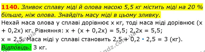 1140. Зливок сплаву міді й олова масою 5,5 кг містить міді на 20 % — Алгебра 7 клас Мерзляк 2024