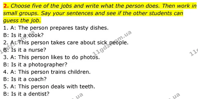 2. Choose five of the jobs and write what the person does. Then work in small groups. Say your sentences and see if the other students — ГДЗ Англійська мова 6 клас Коста (Prepare 6)