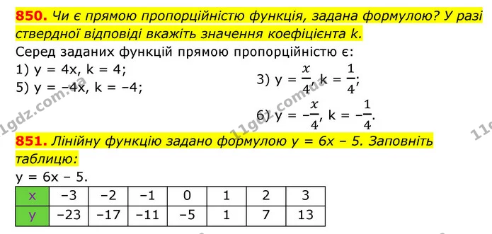 850. Чи є прямою пропорційністю функція, задана формулою? У разі ствердної відповіді вкажіть значення коефіцієнта k. — ГДЗ Алгебра 7 клас Мерзляк, Полонський 2015
