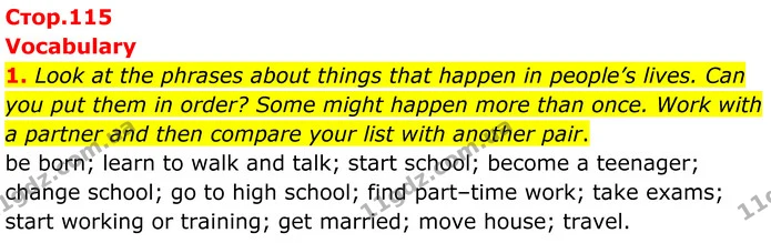 1. Look at the phrases about things that happen in people’s lives. Can you put them in order? Some might happen more than once. Work — ГДЗ Англійська мова 7 клас Коста