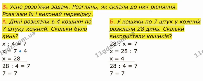 3. Усно розв’яжи задачі. Розглянь, як склали до них рівняння. Розв’яжи їх і виконай перевірку. — ГДЗ Математика 3 клас Логачевська 1-2 ч.