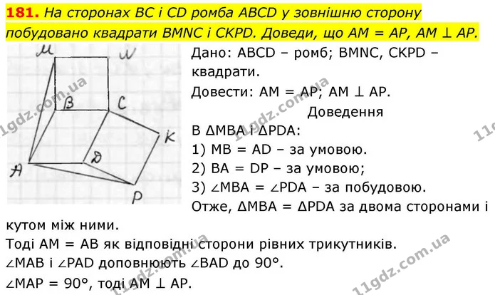 181. На сторонах BC і CD ромба ABCD у зовнішню сторону побудовано квадрати BMNC і CKPD. Доведи, що AM = АР, AM ⊥ АР. — ГДЗ Геометрія 8 клас Бевз