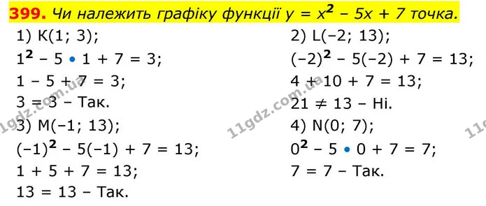 399. Чи належить графіку функції y = x2 – 5x + 7 точка. — ГДЗ Алгебра 9 клас Тарасенкова