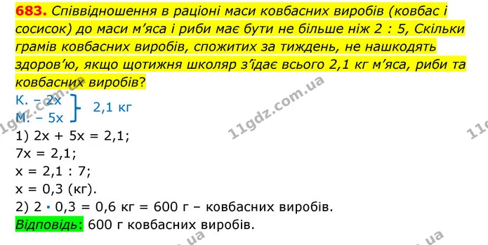 683. Співвідношення в раціоні маси ковбасних виробів (ковбас і сосисок) до маси м’яса і риби має бути не більше ніж 2 : 5, Скільки — ГДЗ Математика 6 клас Істер 2023 1-2 ч.