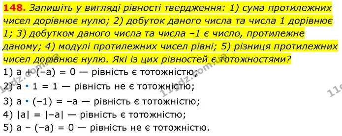 148. Запишіть у вигляді рівності твердження: 1) сума протилежних чисел дорівнює нулю; 2) добуток даного числа та числа 1 дорівнює 1; 3) — Алгебра 7 клас Мерзляк 2024