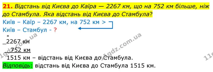 21. Відстань від Києва до Каїра — 2267 км, що на 752 км більше, ніж до Стамбула. Яка відстань від Києва до Стамбула? — ГДЗ Математика 4 клас Логачевська 1 та 2 частини