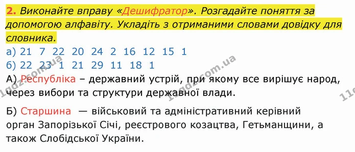 2. Виконайте вправу «Дешифратор». Розгадайте поняття за допомогою алфавіту. Укладіть з отриманими словами довідку для словника. — ГДЗ Історія України 8 клас Щупак