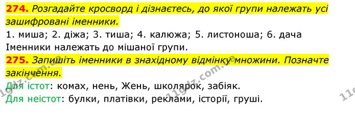 274. Розгадайте кросворд і дізнаєтесь, до якої групи належать усі зашифровані іменники. 1. миша; 2. діжа; 3. тиша; 4. калюжа; 5 — ГДЗ Відповіді Українська мова 6 клас Єрмоленко