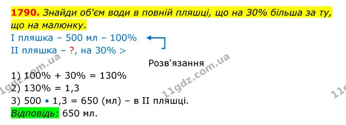 1790. Знайди об'єм води в повній пляшці, що на З0% більша за ту, що на малюнку. — ГДЗ Математика 5 клас Бевз