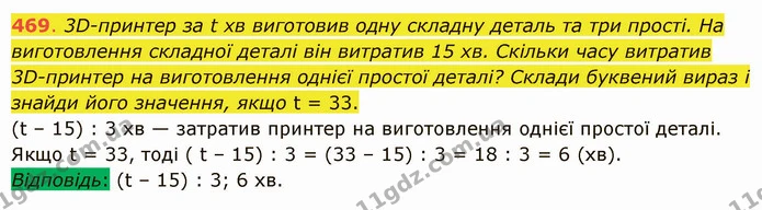 469. 3D–принтер за t хв виготовив одну складну деталь та три прості. На виготовлення складної деталі він витратив 15 хв. Скільки часу — ГДЗ Математика 5 клас Істер 2022