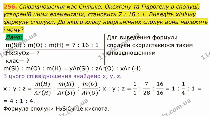 256. Співвідношення мас Силіцію, Оксигену та Гідрогену в сполуці, утвореній цими елементами, становить 7 : 16 : 1. Виведіть хімічну — ГДЗ Хімія 8 клас Попель