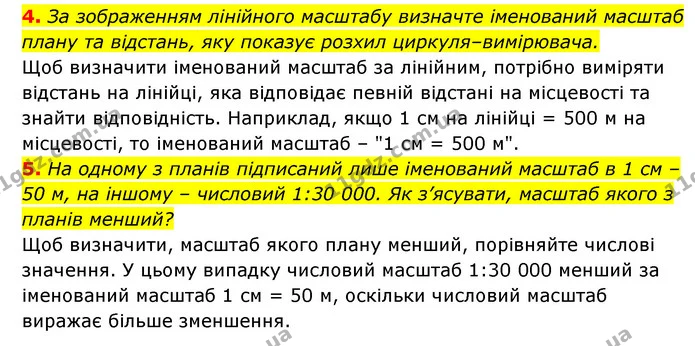 4. За зображенням лінійного масштабу визначте іменований масштаб плану та відстань, яку показує розхил циркуля–вимірювача. — ГДЗ Географія 6 клас Кобернік (2023)