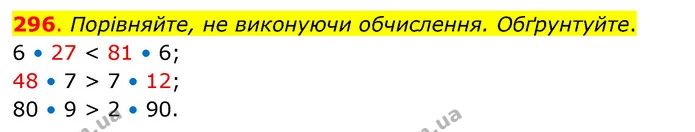 296. Порівняйте, не виконуючи обчислення. Обґрунтуйте. — ГДЗ Математика 3 клас Бевз 2 частина
