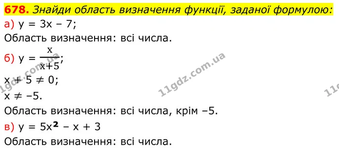 678. Знайди область визначення функції, заданої формулою: — ГДЗ Алгебра 7 клас Бевз
