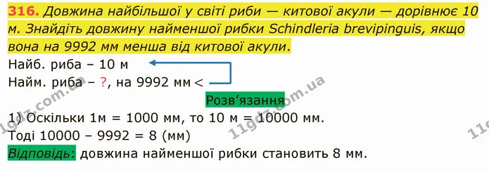 316. Довжина найбільшої у світі риби — китової акули — дорівнює 10 м. Знайдіть довжину найменшої рибки Schindleria brevipinguis, якщо — ГДЗ Математика 5 клас Тарасенкова 2022