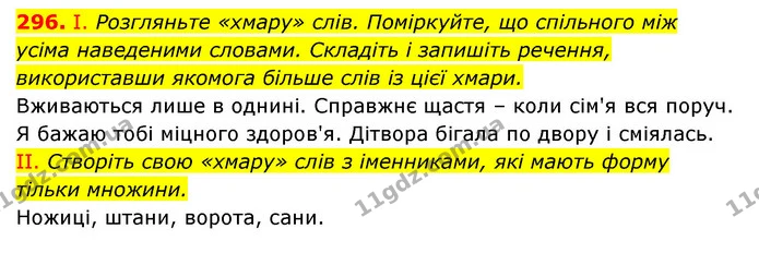 296. І. Розгляньте «хмару» слів. Поміркуйте, що спільного між усіма наведеними словами. Складіть і запишіть речення, використавши — ГДЗ Українська мова 6 клас Заболотний 2023