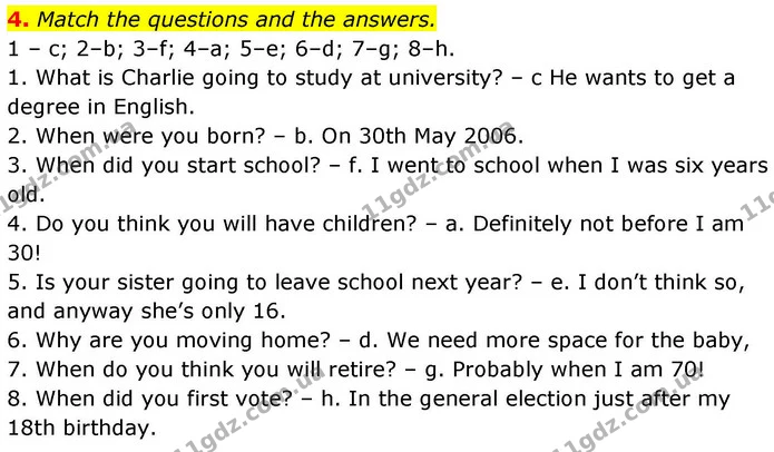 4. Match the questions and the answers. — ГДЗ робочий зошит Англійська мова 8 клас Гарет Джонс 2025