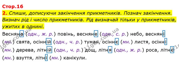 2. Спиши, дописуючи закінчення прикметників. Познач закінчення. Визнач рід і число прикметників. Рід визначай тільки у прикметників — ГДЗ Українська мова та читання 3 клас Большакова 1-2 ч.
