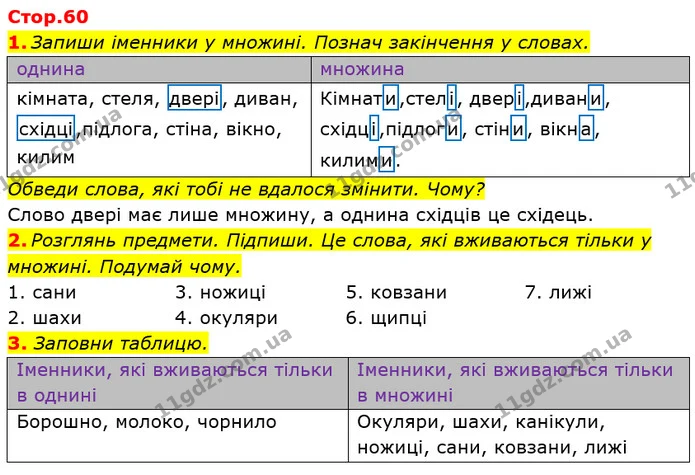 1. Запиши іменники у множині. Познач закінчення у словах. — ГДЗ Робочий зошит Українська мова та читання 3 клас Большакова