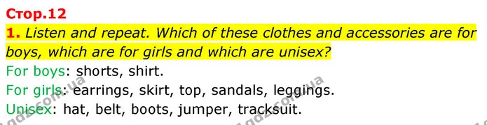 1. Listen and repeat. Which of these clothes and accessories are for boys, which are for girls and which are unisex? — ГДЗ Англійська мова 6 клас Мітчелл