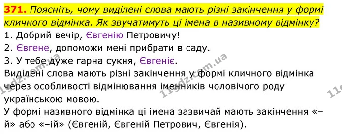 371. Поясніть, чому виділені слова мають різні закінчення у формі кличного відмінка. Як звучатимуть ці імена в називному відмінку? — ГДЗ Українська мова 6 клас Заболотний 2023