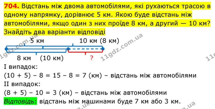 704. Відстань між двома автомобілями, які рухаються трасою в одному напрямку, дорівнює 5 км. Якою буде відстань між автомобілями, якщо — ГДЗ Математика 5 клас Кравчук