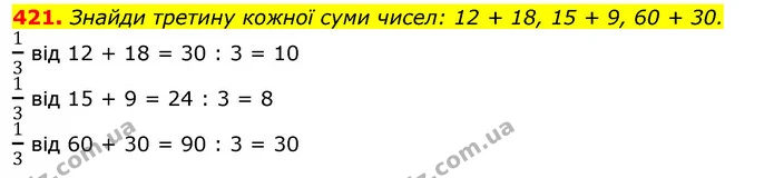 421. Знайди третину кожної суми чисел: 12 + 18, 15 + 9, 60 + 30. — ГДЗ Математика 3 клас Листопад 1-2 ч.
