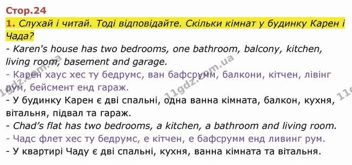 1. Слухай і читай. Тоді відповідайте. Скільки кімнат у будинку Карен і Чада? — ГДЗ Англійська мова 4 клас Мітчелл 2026