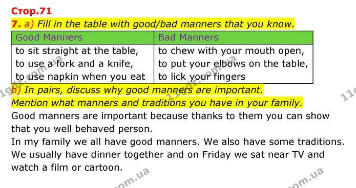 7. a) Fill in the table with good/bad manners that you know. — ГДЗ Робочий зошит Англійська мова 6 клас Карпюк