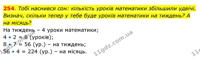 254. Тобі наснився сон: кількість уроків математики збільшили удвічі. Визнач, скільки тепер у тебе буде уроків математики на тиждень? А — ГДЗ Математика 3 клас Бевз 2 частина