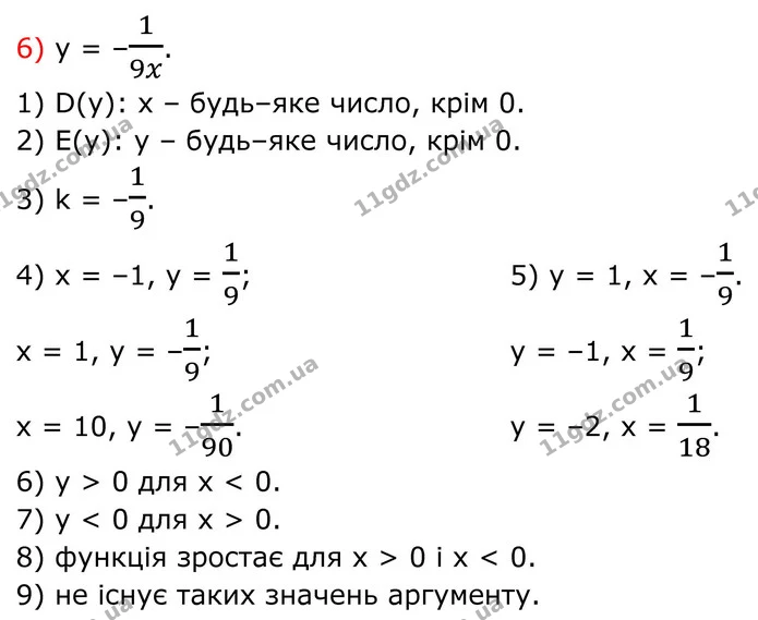 451. Дано функцію: Знайдіть: 1) область визначення функції; 2) область значень функції; 3) коефіцієнт k; 4) значення у, якщо х = –1; 1 — ГДЗ Алгебра 8 клас Тарасенкова