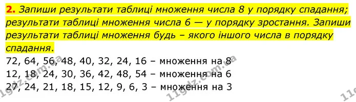 2. Запиши результати таблиці множення числа 8 у порядку спадання; результати таблиці множення числа 6 — у порядку зростання. Запиши — ГДЗ Математика 3 клас Скворцова 1-2 ч.