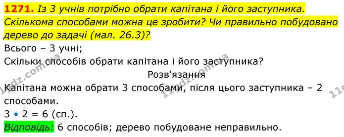 1271. Із 3 учнів потрібно обрати капітана і його заступника. Скількома способами можна це зробити? Чи правильно побудовано дерево до — ГДЗ Алгебра 8 клас Бевз